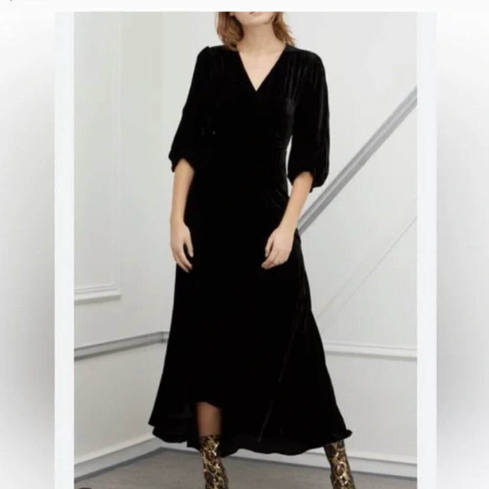 Ganni Black Velvet Aldine Wrap Dress Women's Size 36 High Low Hem Chic Feminine